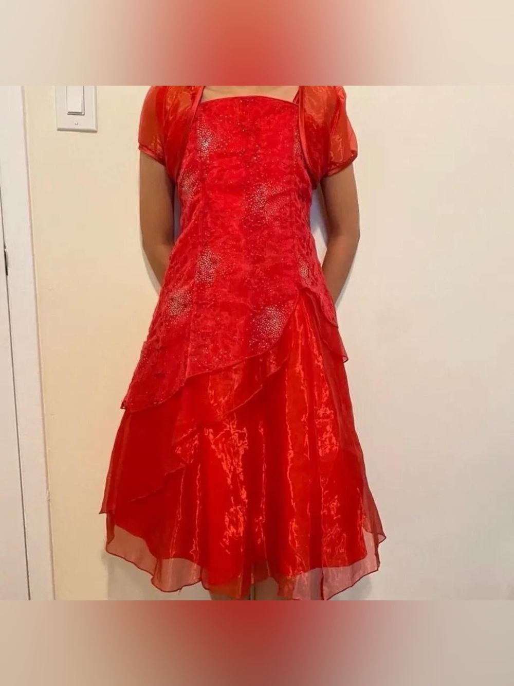 Girls Size 8 Elegant Gem Bedazzled Red Layered Formal Maxi Dress
